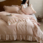 Romantic ruffle bedding set with lace trim and cotton-linen blend