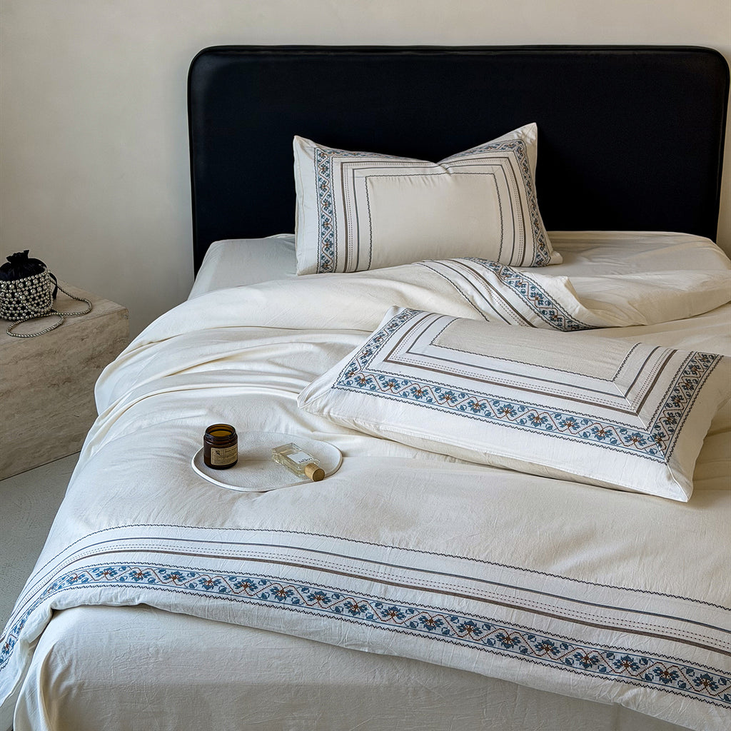 High-quality cotton percale bedding set with fine border embroidery