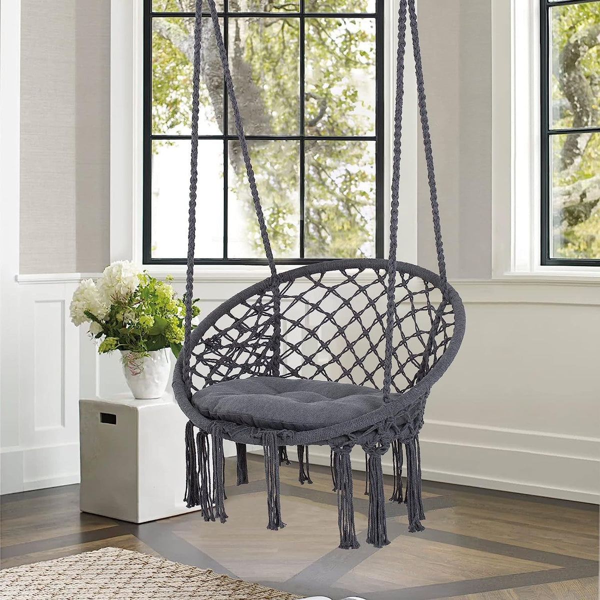 Macrame Hanging Swing Chair Boho Woven Fringe Indoor Outdoor Hammock Seat