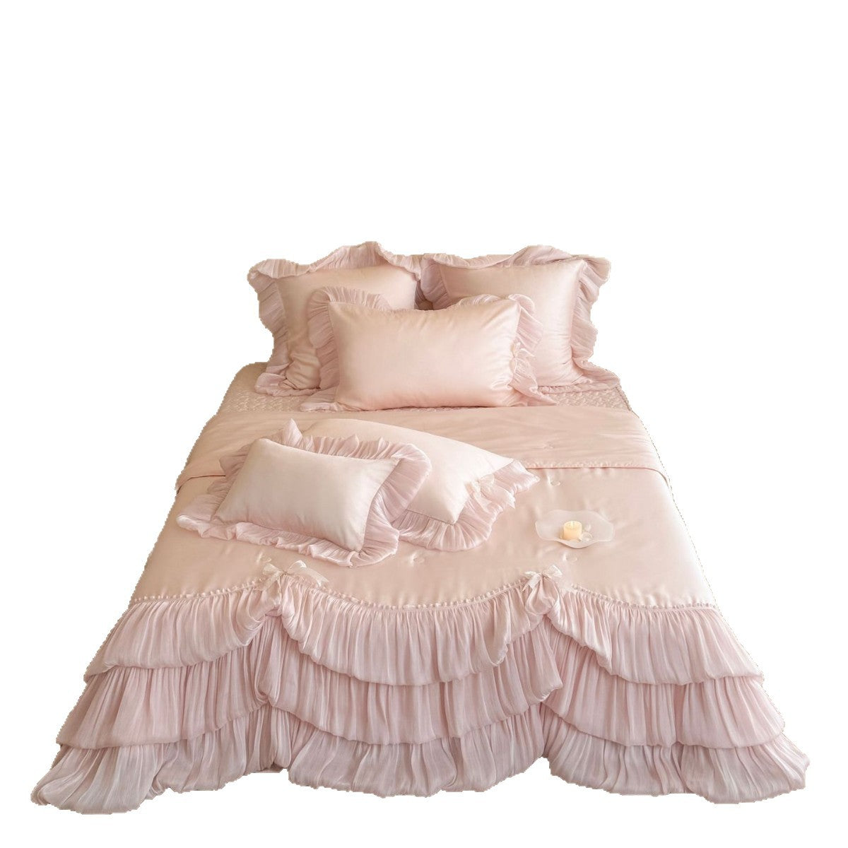 Romantic satin bedding and bedspread set with decorative ruffles and bows