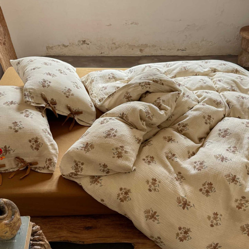 Natural cotton-linen duvet cover set with a crinkled linen look and floral tone-on-tone pattern