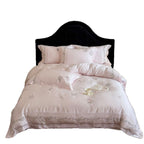Elegant satin bedding set with fine floral embroidery and silky shiny drape