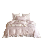 Satin bedding set with luxurious cotton satin quality, embroidered butterflies and roses, and ruffle
