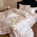 Elegant satin bedding set with fine floral embroidery and silky shiny drape