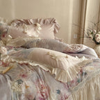 Satin bedding set with floral print, ruffles and lace trim