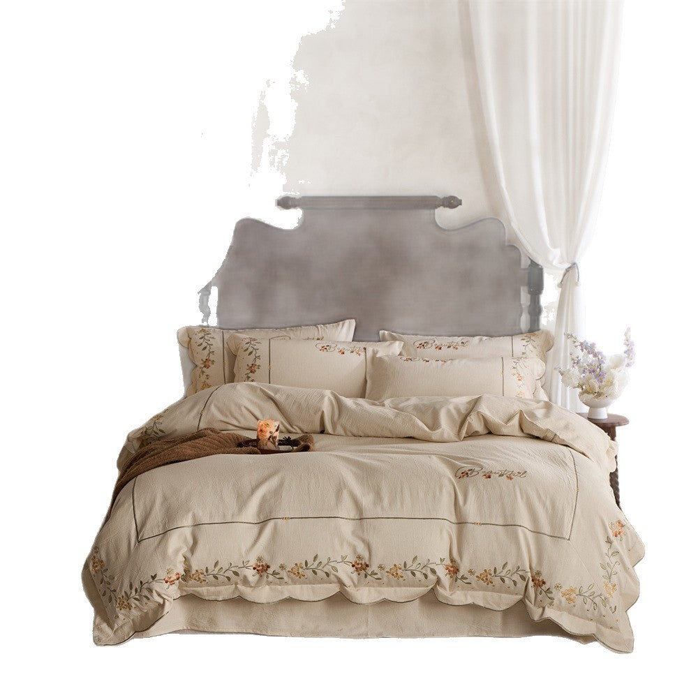 Embroidered Cotton-Linen Bedding Set with Wavy Hem and Floral Border Motif