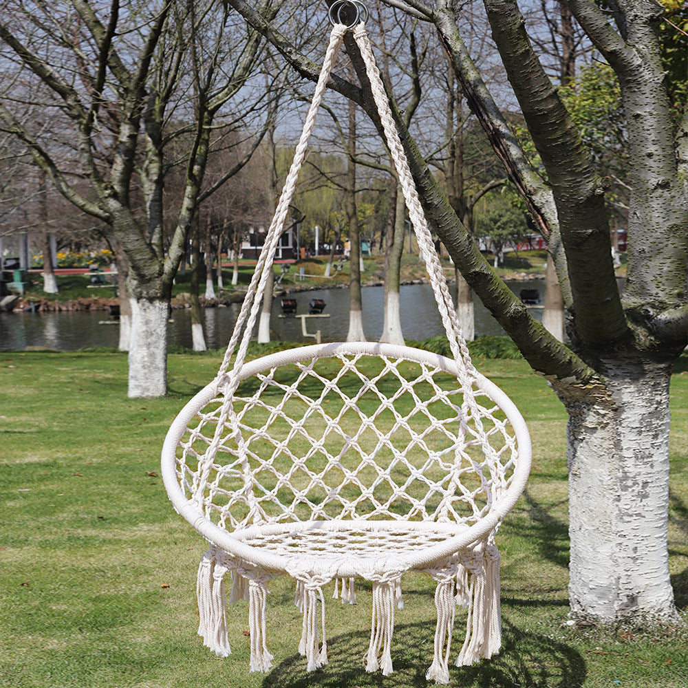 Macrame Hanging Chair with Complete Ceiling Mounting Kit and Decorative Tassel Fringe