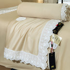 Cotton satin duvet cover set with decorative lace appliqué and embroidered medallion