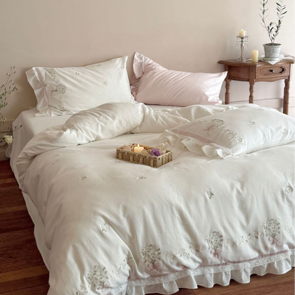 Romantic bedding set with embroidered floral border, ruffled edges and extra soft cotton cover
