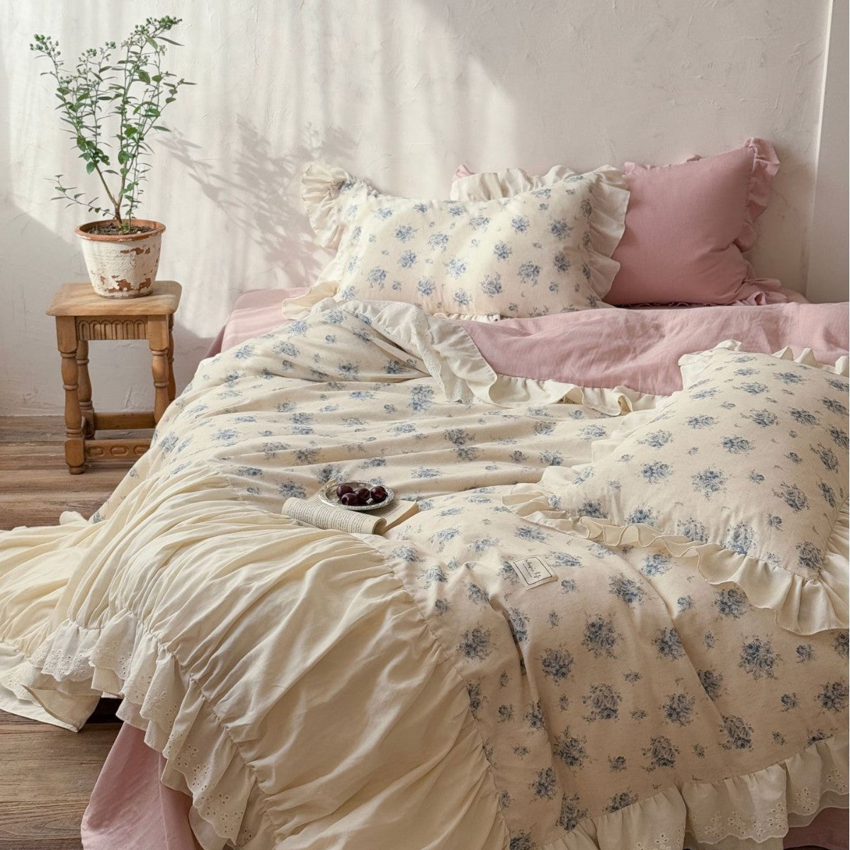 Romantic vintage bedding set with ruffle, floral print, and softly quilted comforter