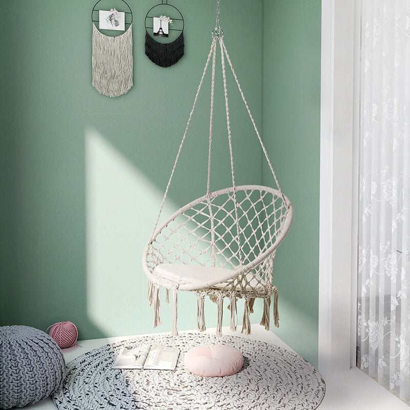 Boho Macrame Hanging Swing Chair with Faux Fur Cushion and Fringe