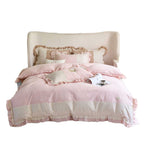 Bedding set made of cotton-linen with crochet lace trim, embroidered borders and ruffled edge
