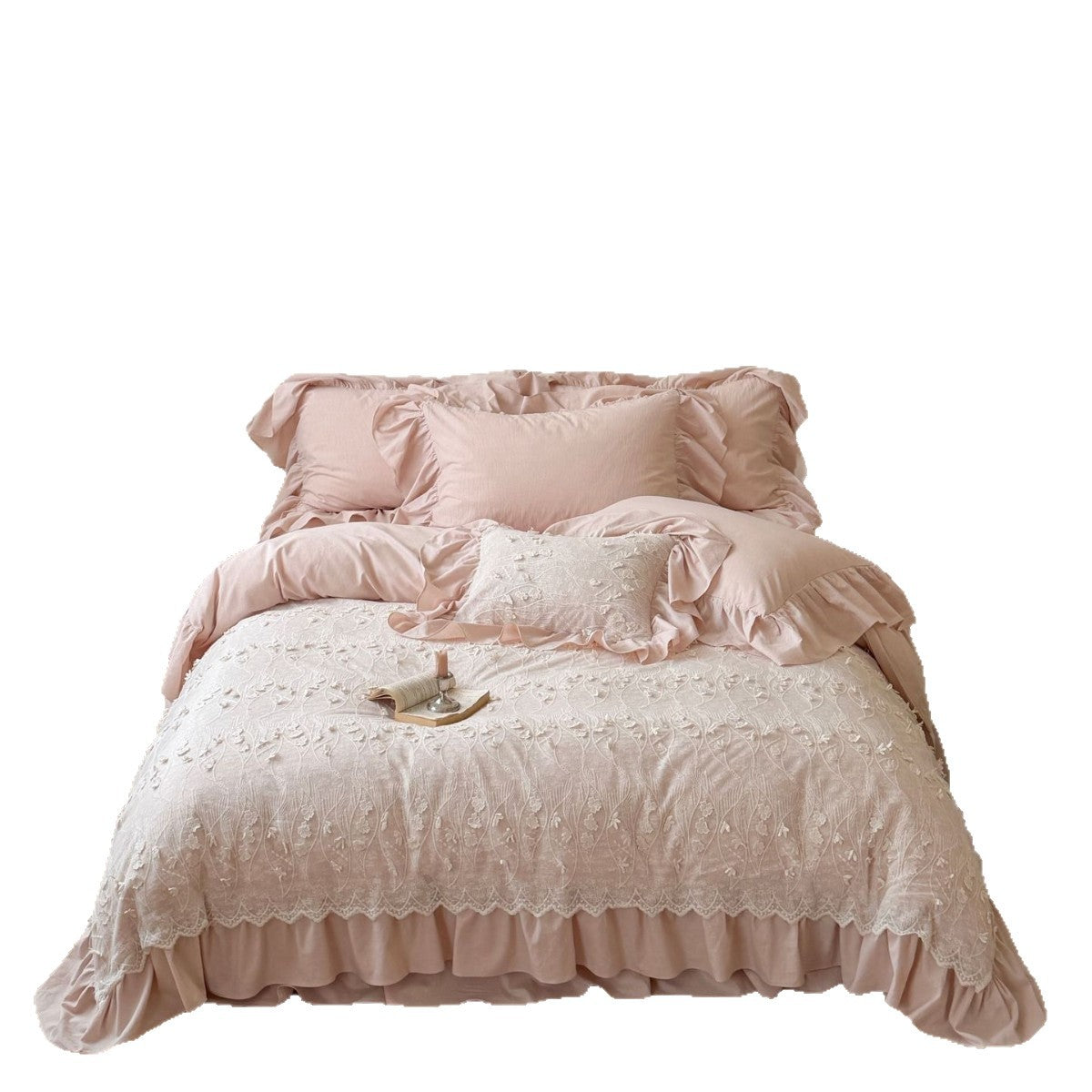 Bedding set with floral relief embroidery, gathered frill and bed skirt