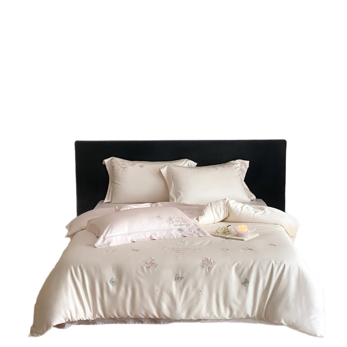 Luxurious embroidered cotton satin bedding set with delicate butterfly and flower appliqués