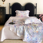 Luxurious satin bedding set with watercolor flower print and satin border