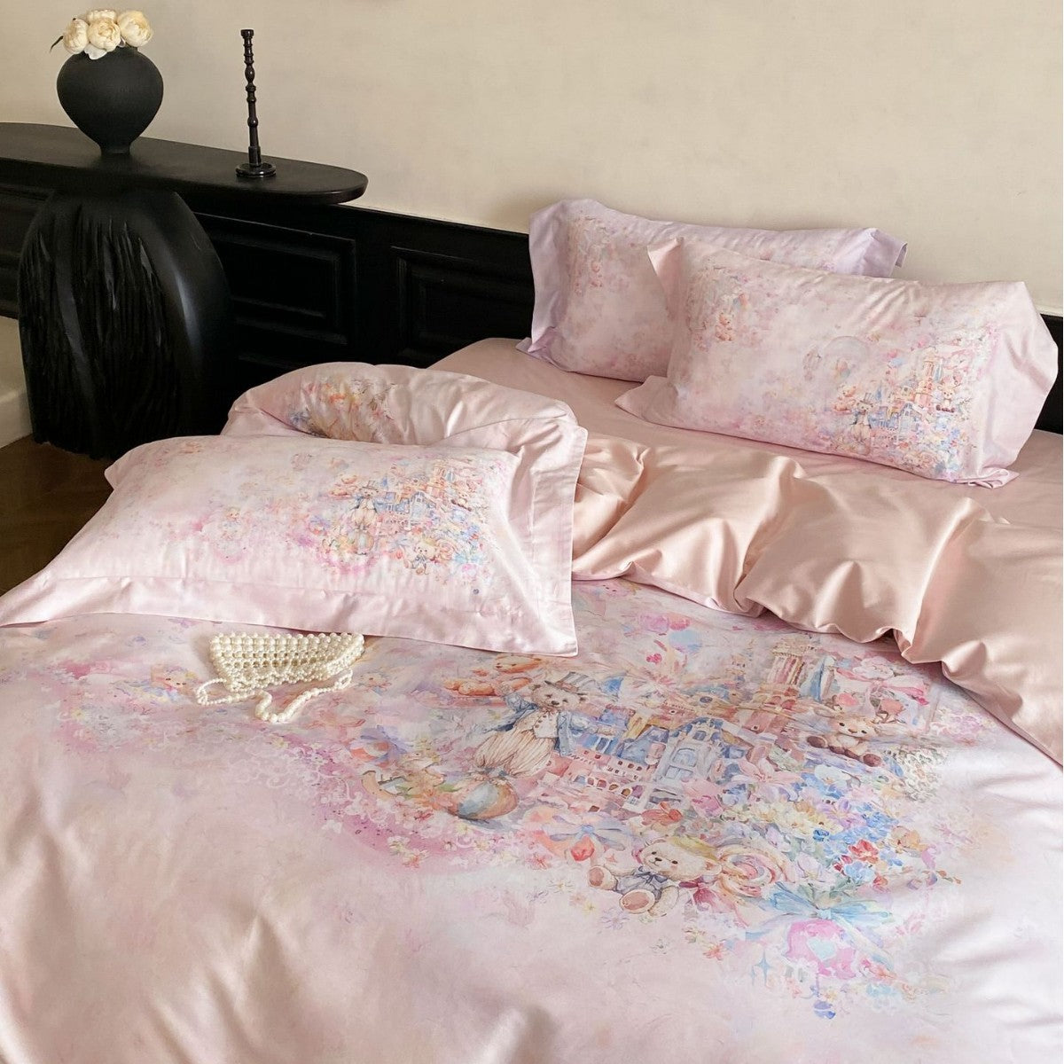 delicate cotton satin bedding set with a fairy-tale watercolor design