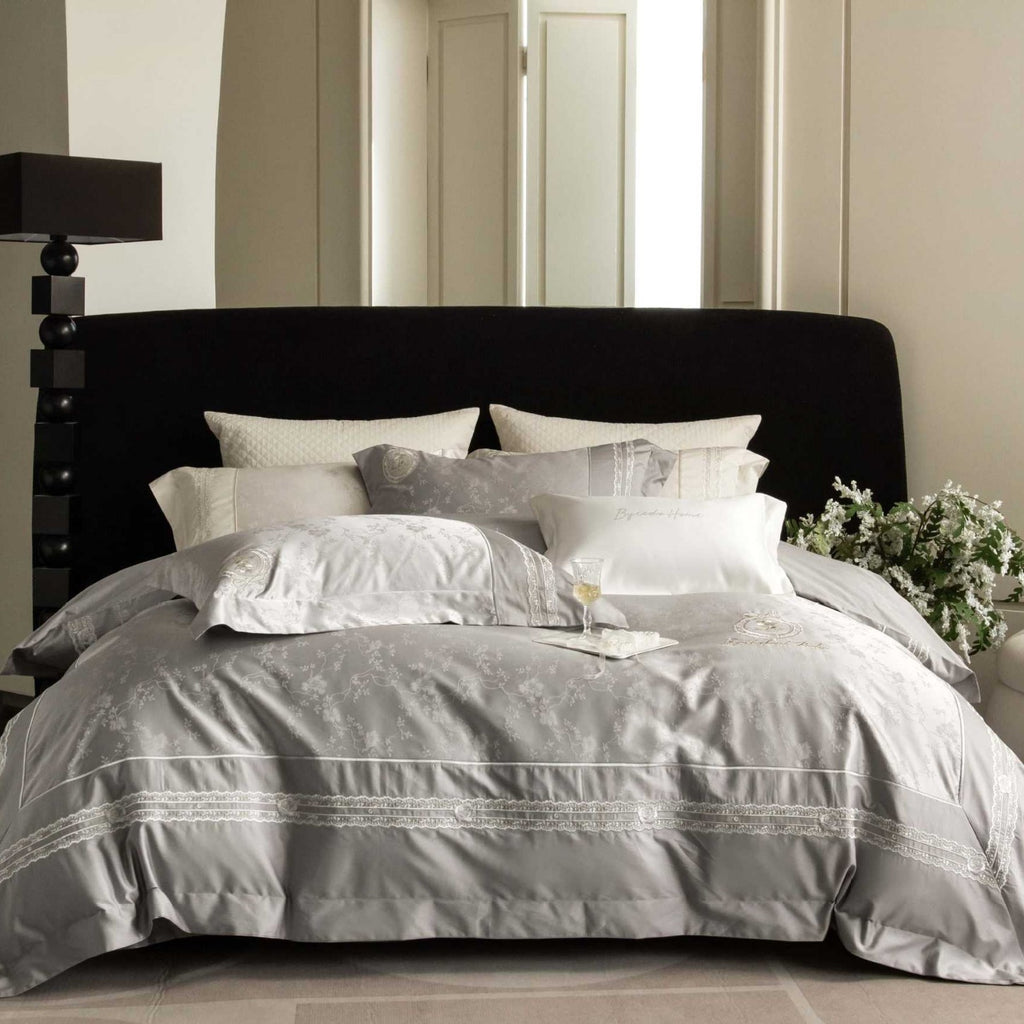 Luxurious satin bedding set with intricate embroidery