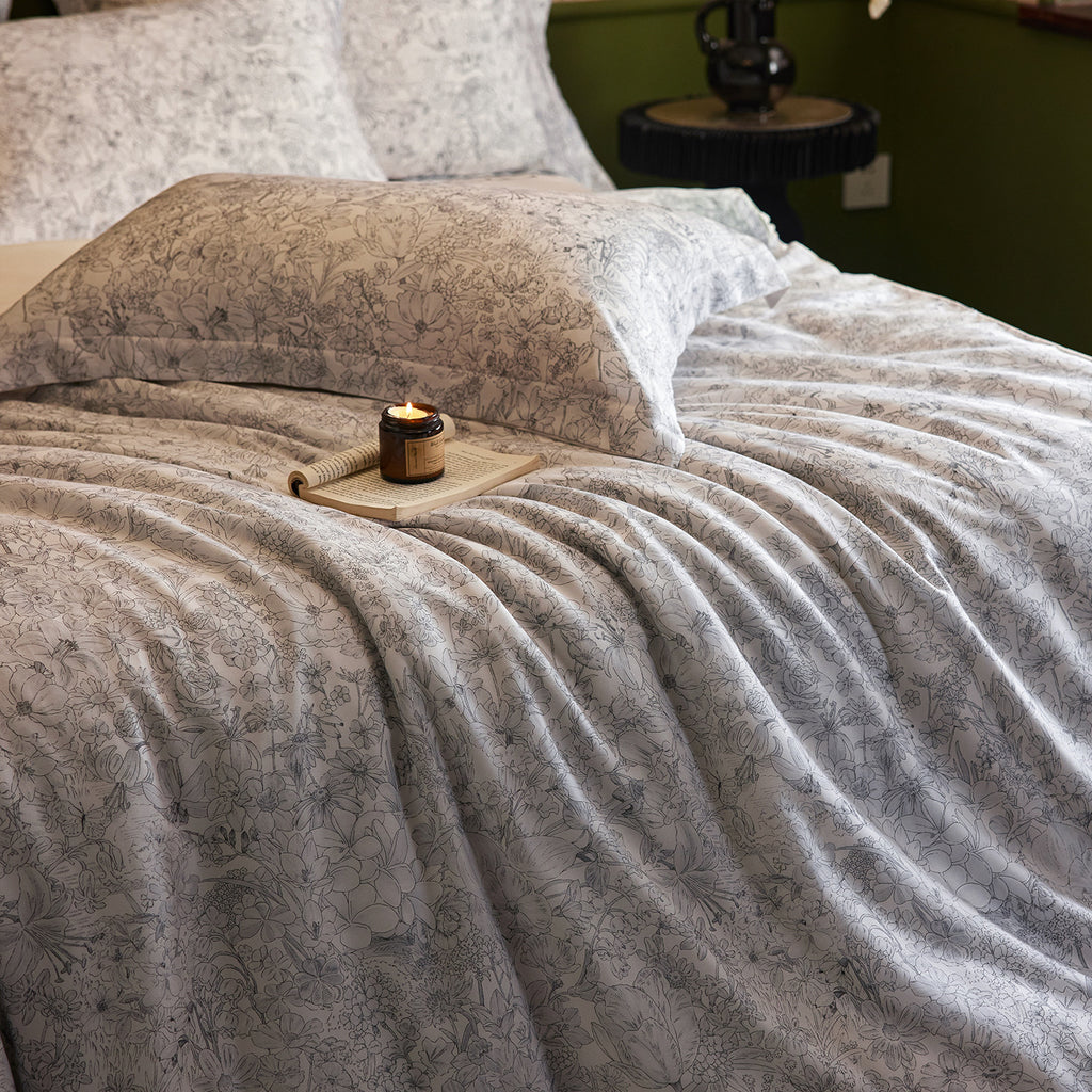 Premium cotton satin bedding set with watercolor wildflower print and extra soft satin finish
