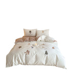 Playful cotton satin bedding set with illustrative print, reversible function, and hotel closure
