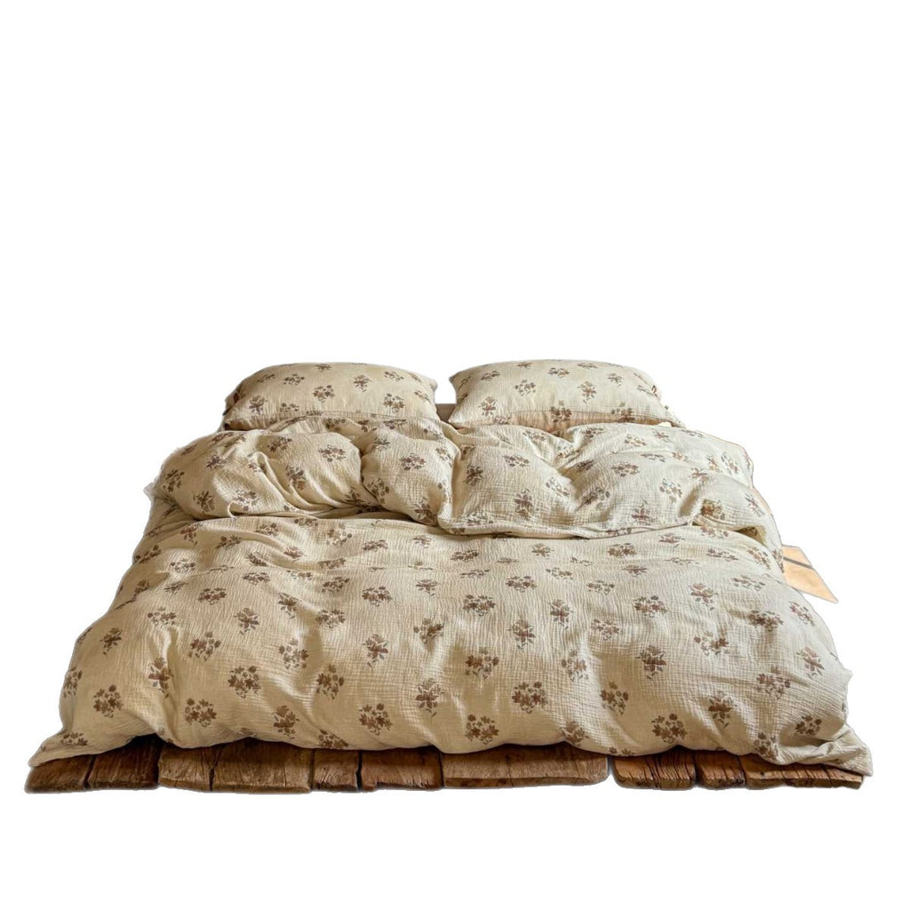 Natural cotton-linen duvet cover set with a crinkled linen look and floral tone-on-tone pattern