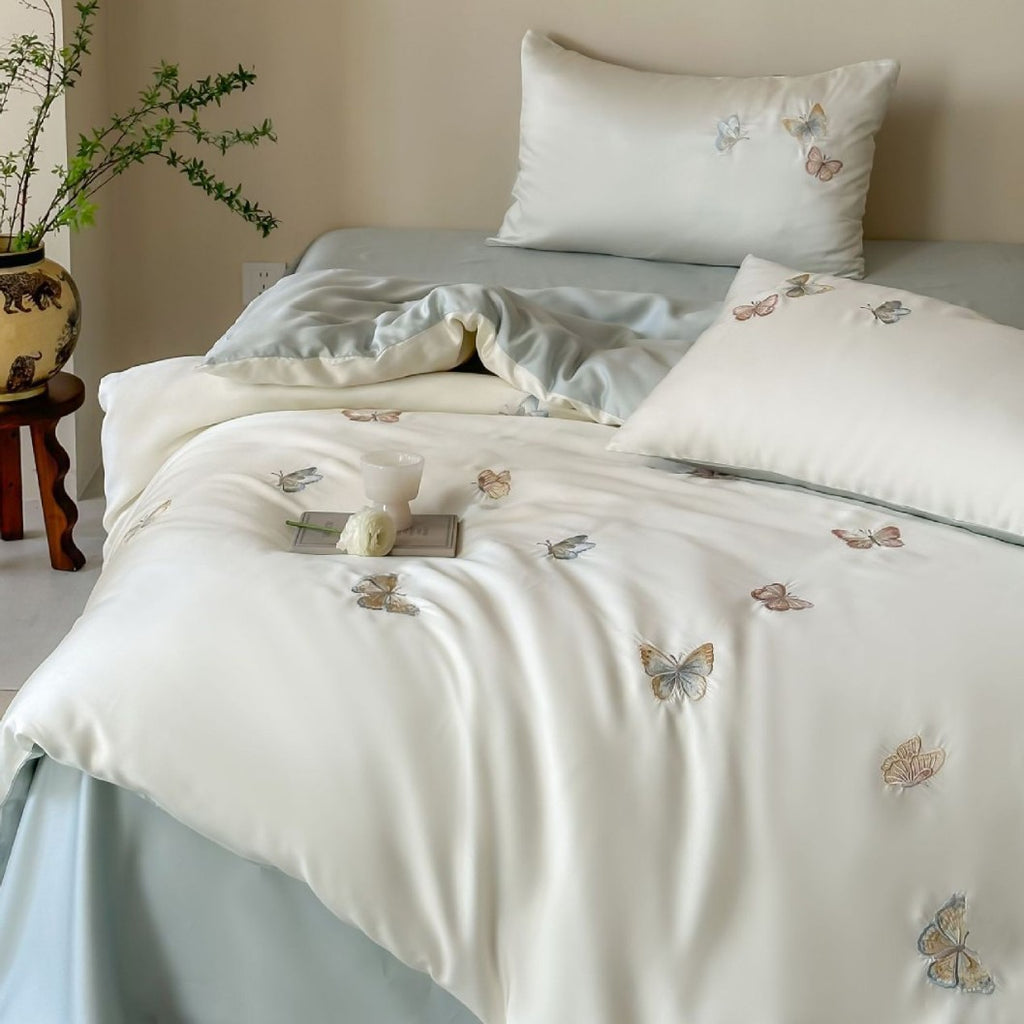 Luxury satin duvet cover set with embroidered butterfly appliqués