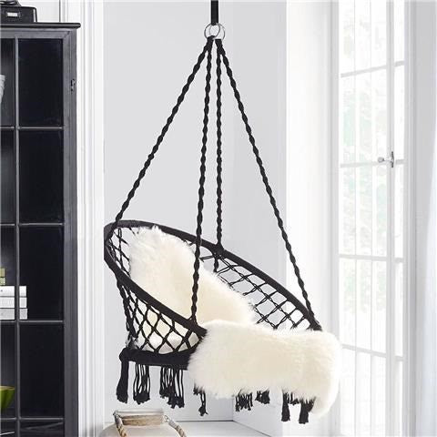 Macrame Hanging Chair with Complete Ceiling Mounting Kit and Decorative Tassel Fringe
