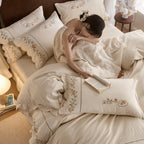 Embroidered Cotton-Linen Bedding Set with Wavy Hem and Floral Border Motif