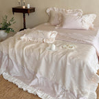 Satin-Duvet Cover Set with silky shiny finish, floral embroidery & ruffled trim