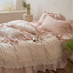 Bedding set with floral relief embroidery, gathered frill and bed skirt