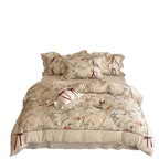 Floral Cotton-Linen Duvet Cover Set with Ruffled Edge, Decorative Piping and Bow Closure