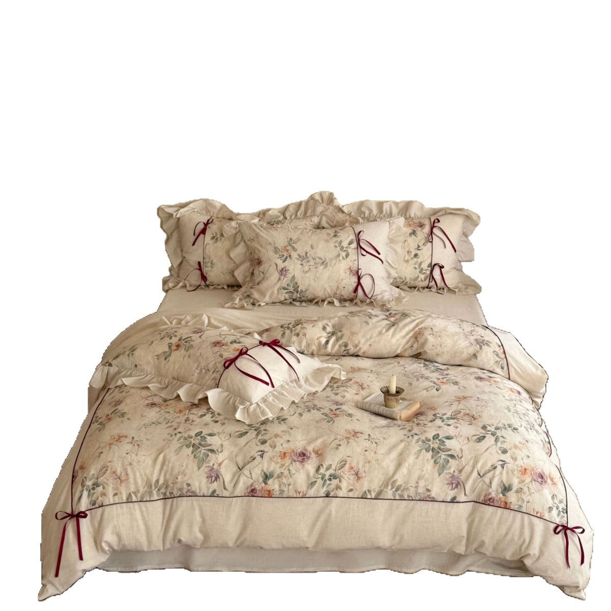 Floral Cotton-Linen Duvet Cover Set with Ruffled Edge, Decorative Piping and Bow Closure