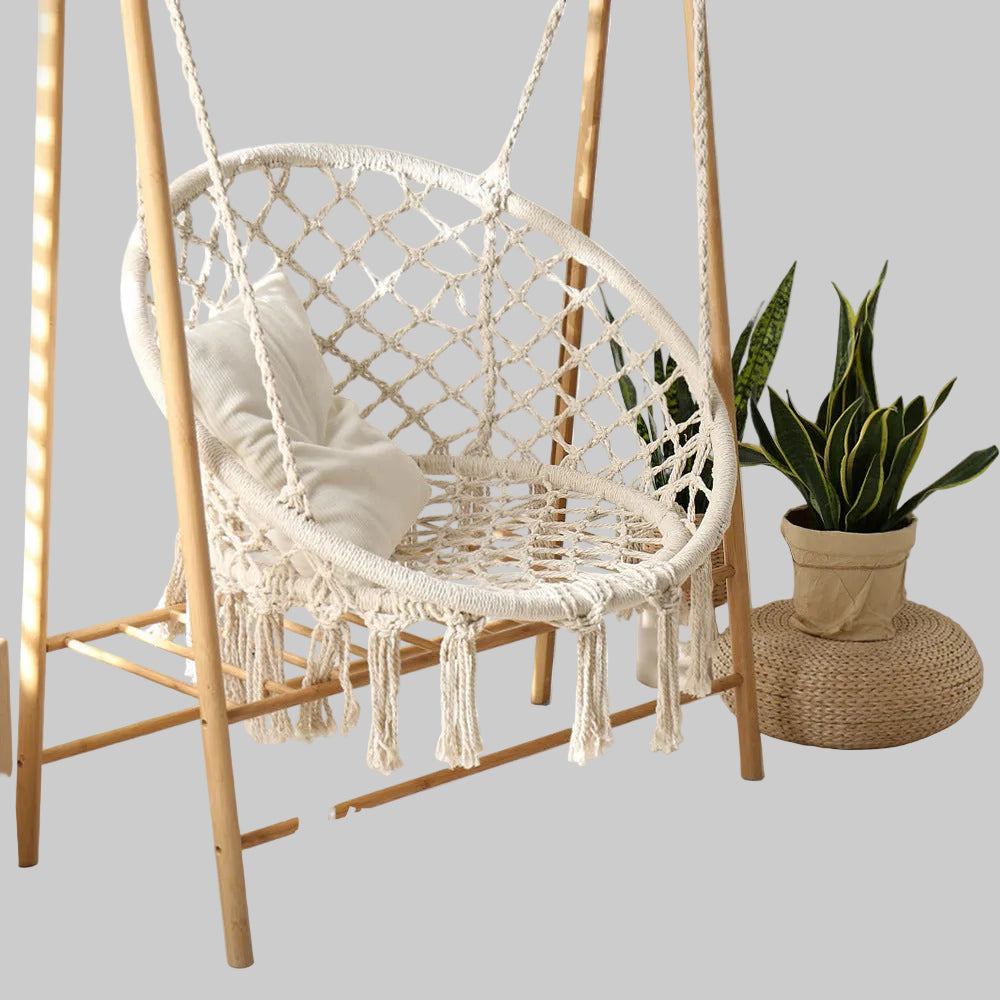 Macrame Hanging Chair with Complete Ceiling Mounting Kit and Decorative Tassel Fringe