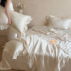 Satin-Duvet cover set with delicate ruffles and tonal jacquard floral relief