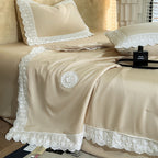 Cotton satin duvet cover set with decorative lace appliqué and embroidered medallion