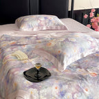 Luxurious satin bedding set with watercolor flower print and satin border