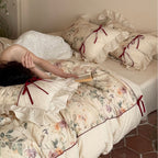 Floral Cotton-Linen Duvet Cover Set with Ruffled Edge, Decorative Piping and Bow Closure