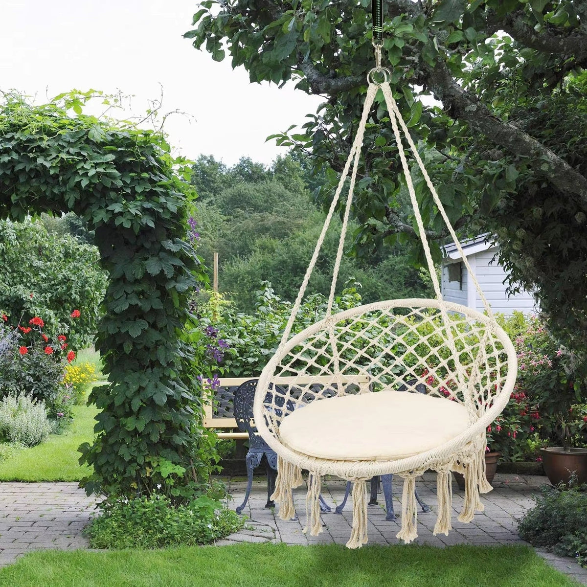 Macrame Hanging Swing Chair Boho Woven Fringe Indoor Outdoor Hammock Seat