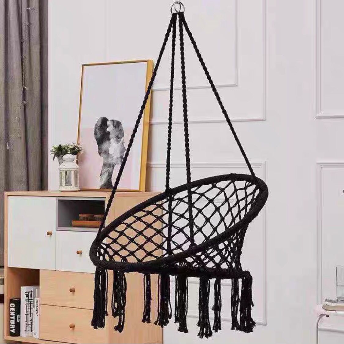 Boho Macrame Hanging Swing Chair with Faux Fur Cushion and Fringe