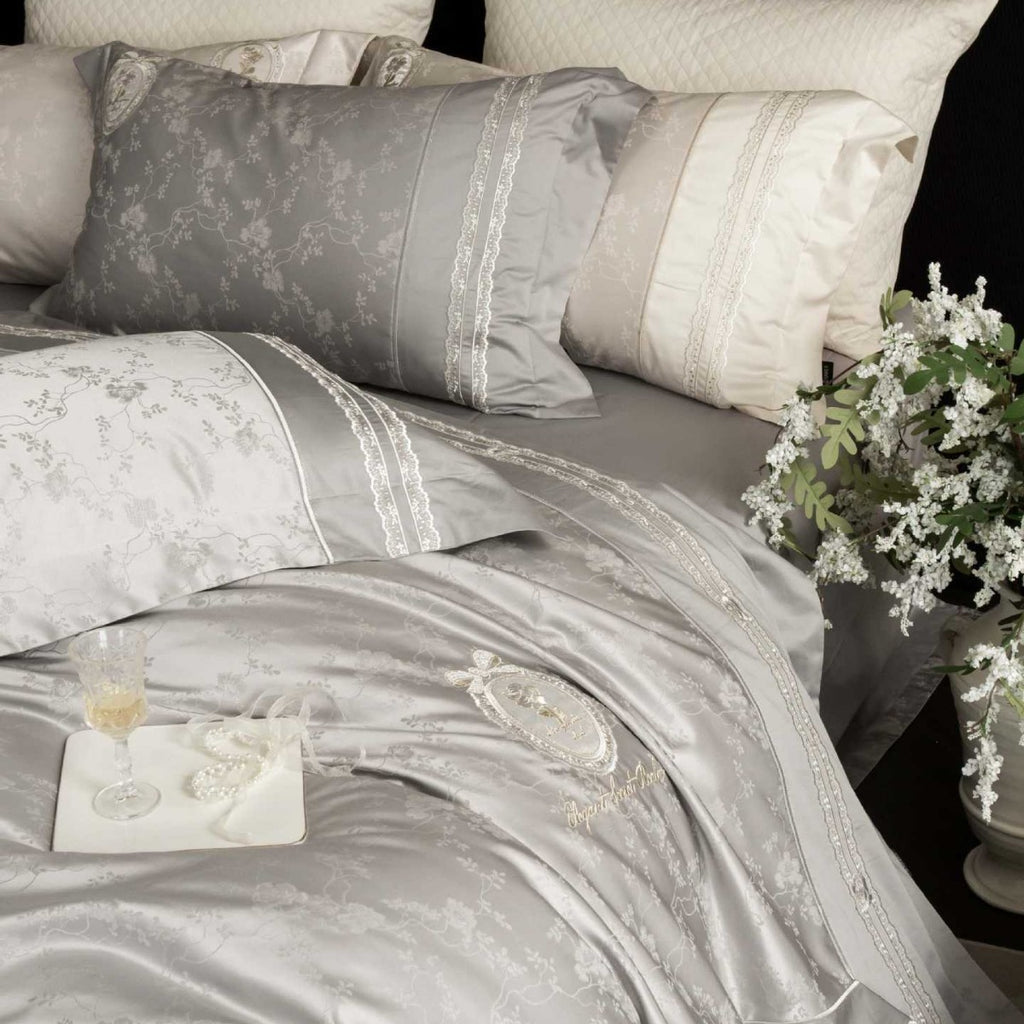 Luxurious satin bedding set with intricate embroidery