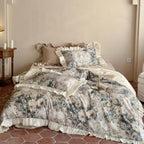 Shabby-Chic Duvet set with relief woven rose jacquard and satin ruffles