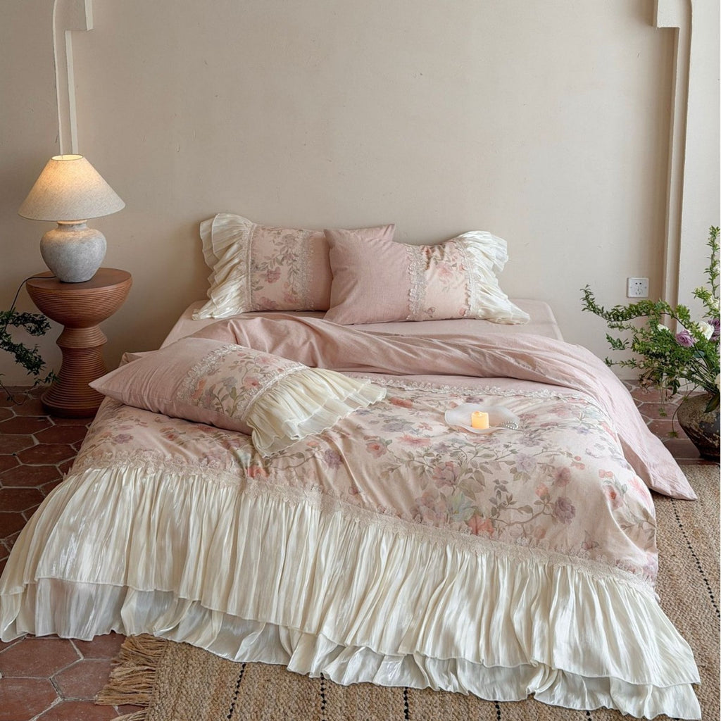 Bedding set with pleated frill, lace border, and floral print
