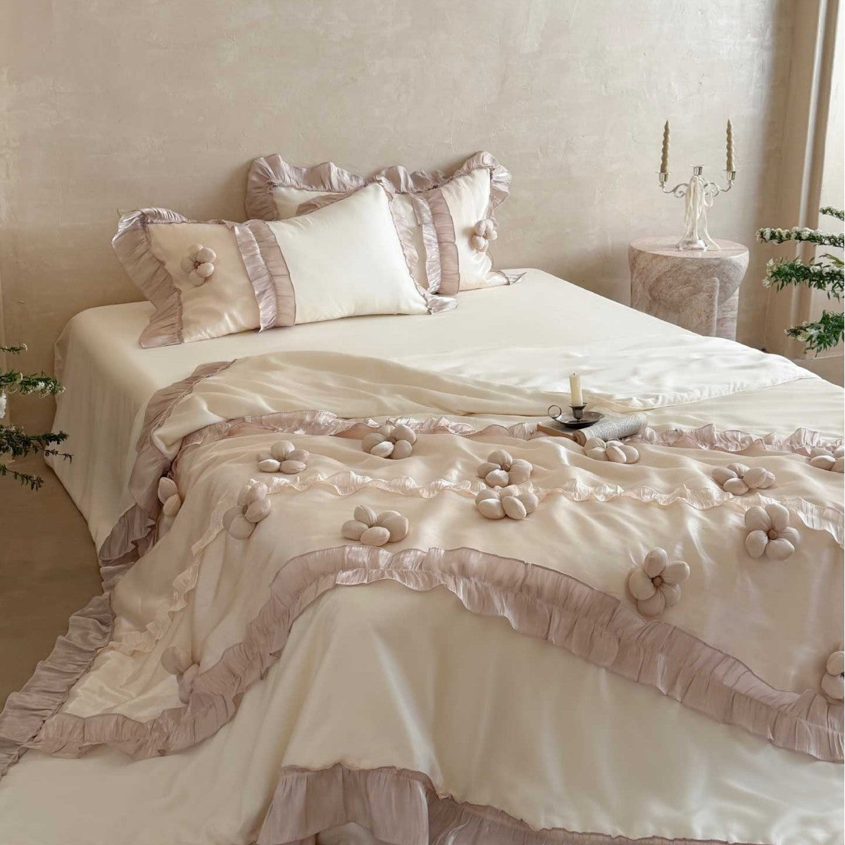 Premium duvet cover set with artistically crafted flowers, pleated ruffle and silky-matt finish