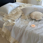 Romantic bedspread set with pleated ruffles, fine embroidery and decorative pillows