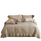 Bedding set made of washed linen with decorative lace trim and ruffle