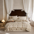 Embroidered Cotton-Linen Bedding Set with Wavy Hem and Floral Border Motif
