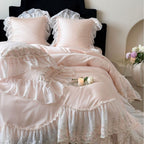 Luxurious romantic bedding set with lace ruffles and embroidered cotton satin