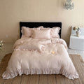 Satin-Duvet cover set with delicate ruffles and tonal jacquard floral relief