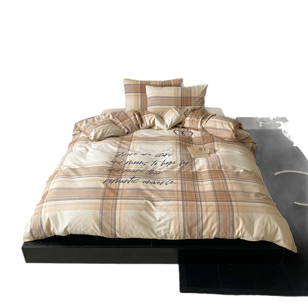 Checked cotton percale bed linen set with calligraphic script print