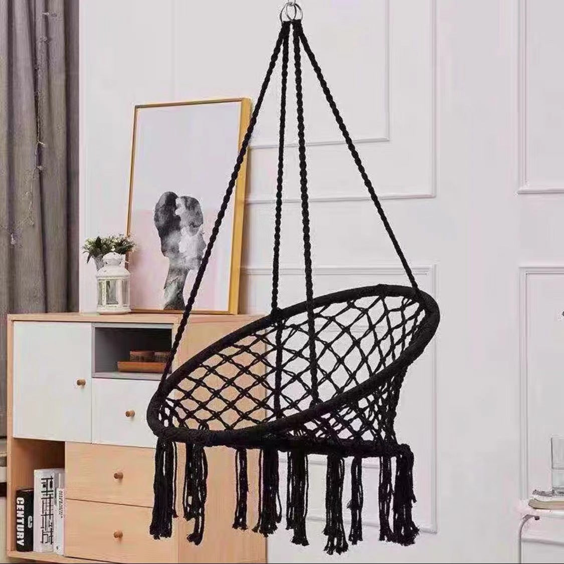 Boho Macrame Hanging Swing Chair with Faux Fur Cushion and Fringe