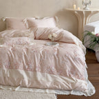 embroidered luxury bedding set made of cotton satin with lace border